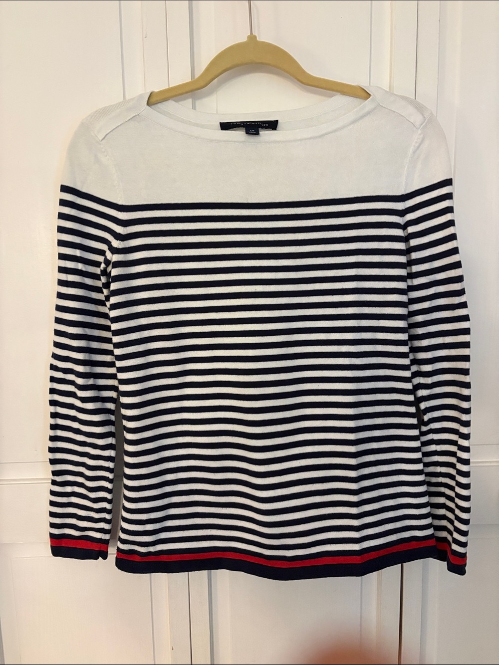 Tommy Hilfiger Navy and White Striped Boatneck Sweater with Red Trim